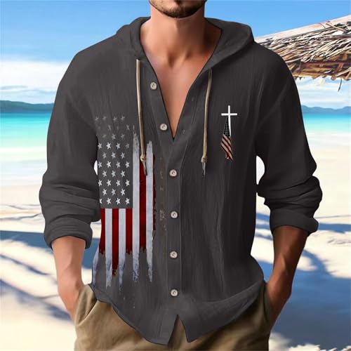 USA Flag Printed Loose Fit Long Sleeve Hoodie Casual Mens Summer